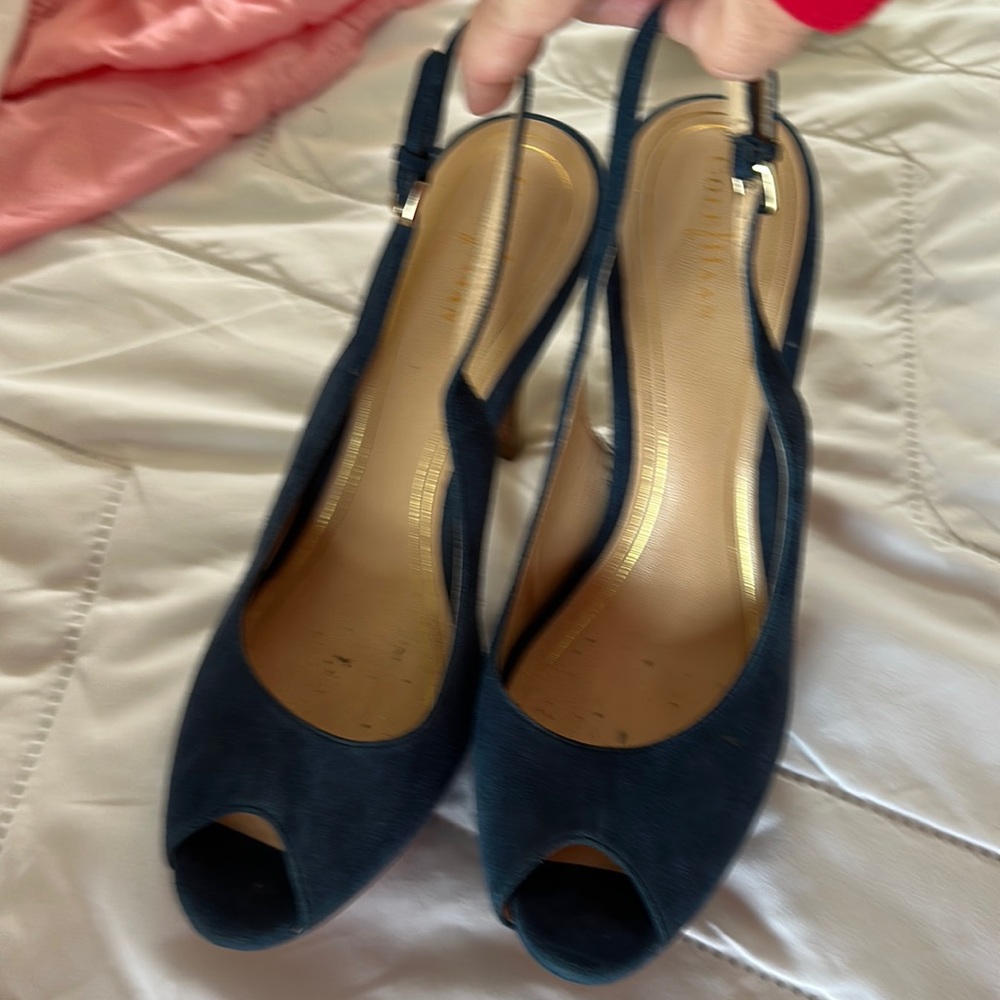 Blue suede peep toe gold heels